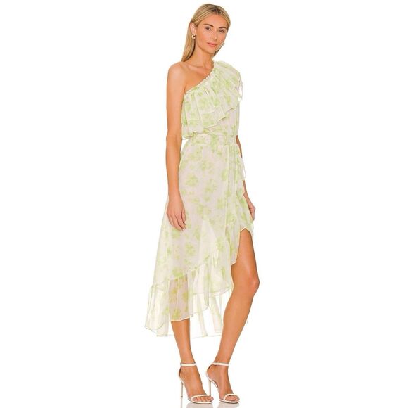 MISA LOS ANGELES Rumi One Shoulder Midi Dress Green White Honeydew Blossom Small - Picture 3 of 12